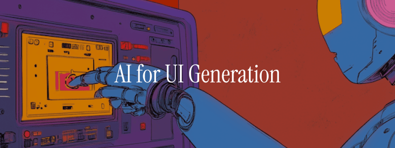 A futuristic illustration of a humanoid robot interacting with a digital control panel, pressing a highlighted interface element, with the text “AI for UI Generation” overlaid on a bold red and purple background.