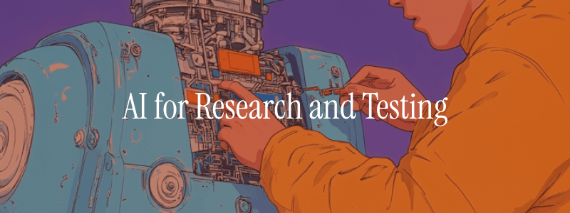 A detailed illustration of a person examining and adjusting the internal components of a humanoid robot, with exposed mechanical parts and circuitry, set against a purple background, with the text “AI for Research and Testing” overlaid.