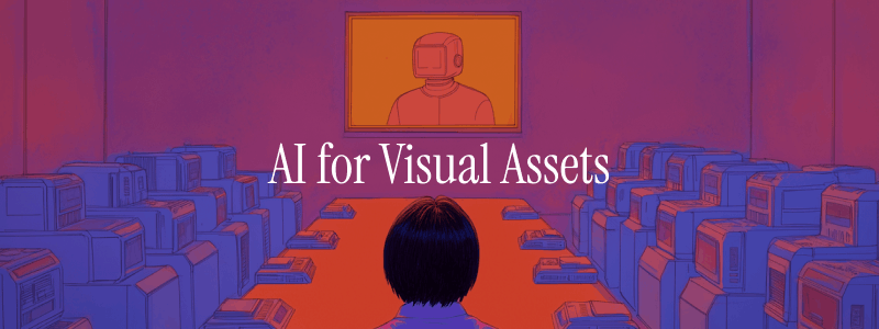 A stylized illustration of a person seated in a large room filled with rows of computers, facing a screen displaying a robotic figure, with a red and purple color palette, and the text “AI for Visual Assets” overlaid.