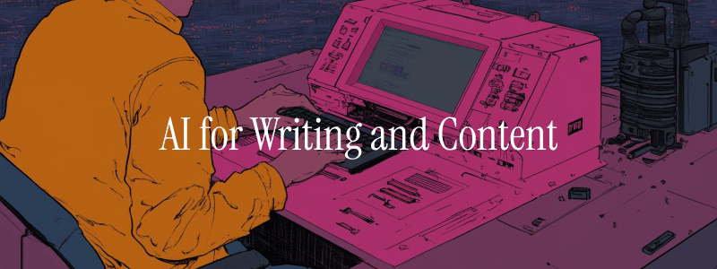 A stylized illustration of a person typing on a futuristic workstation with a large console and screen, surrounded by tools and equipment, rendered in bold pink and purple tones, with the text “AI for Writing and Content” overlaid.